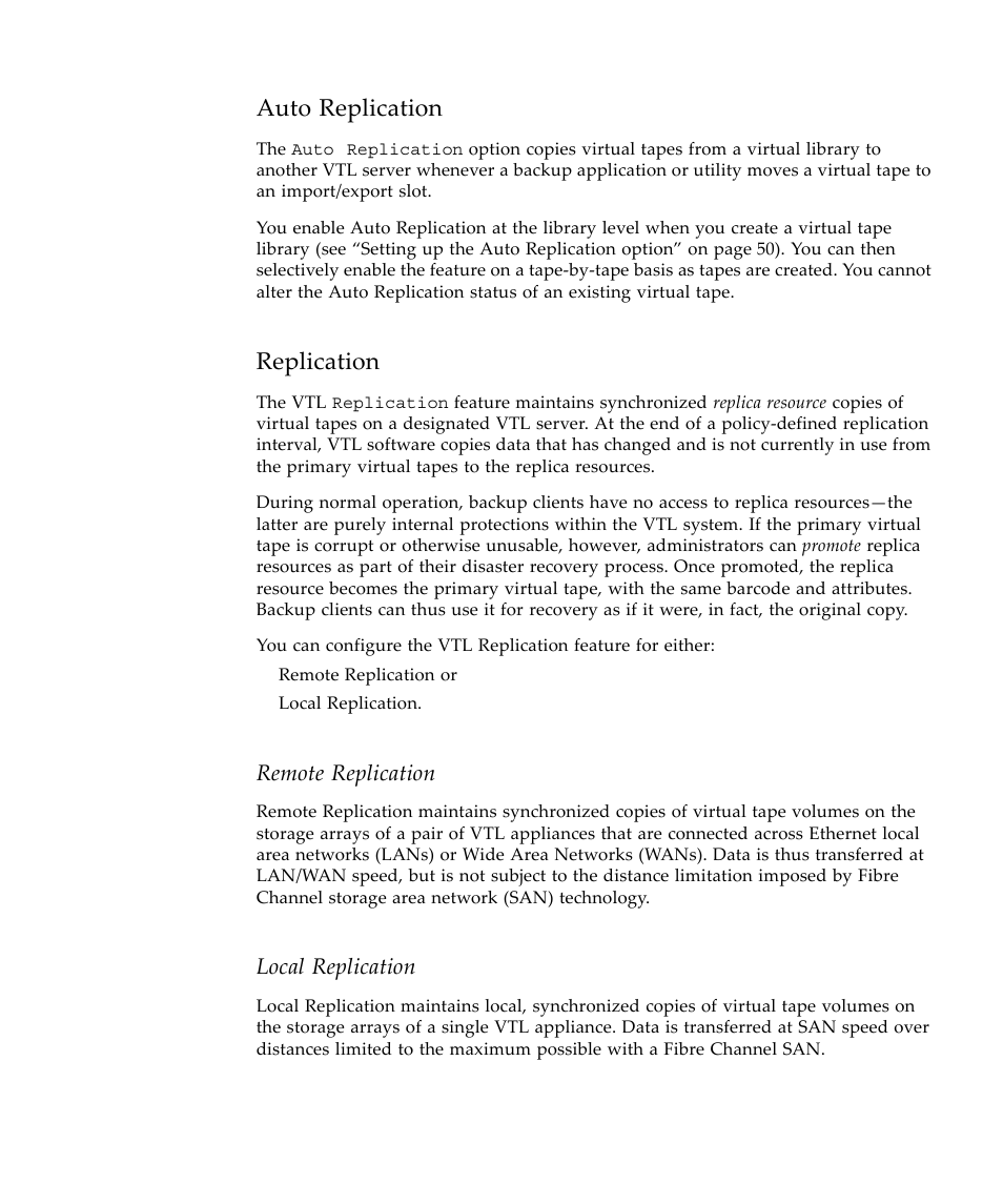 Auto replication, Replication, Remote replication | Local replication | Sun Microsystems Virtual Tape Library User Manual | Page 27 / 292