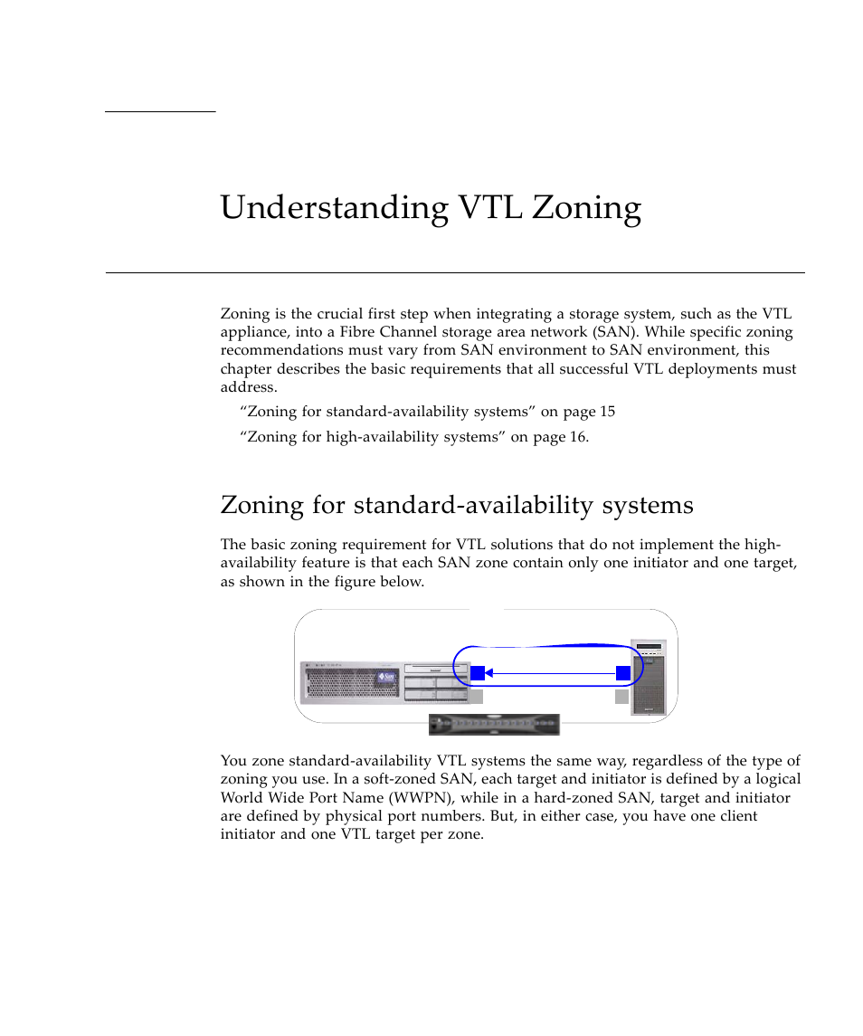 Understanding vtl zoning, Zoning for standard-availability systems, Zoning for standard‐availability systems | Sun Microsystems Virtual Tape Library User Manual | Page 29 / 292