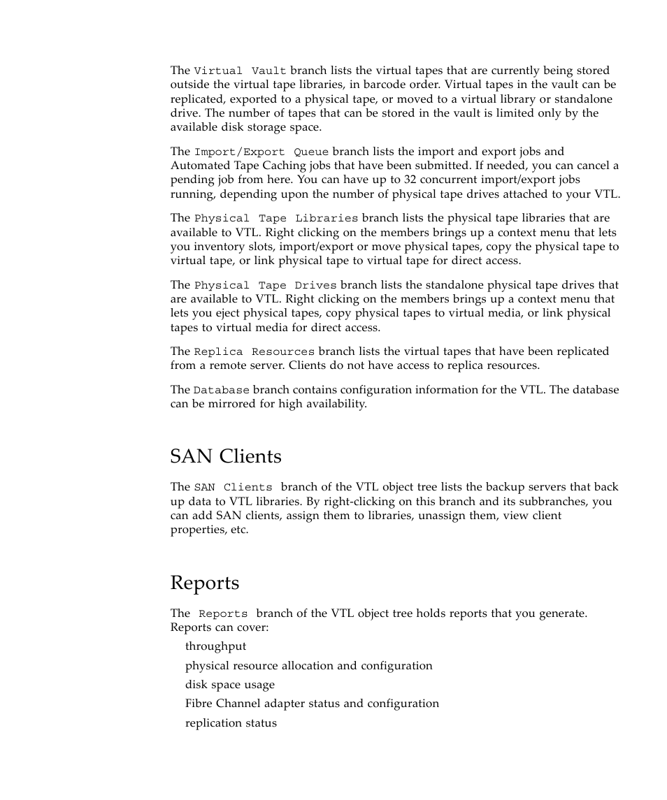 San clients, Reports | Sun Microsystems Virtual Tape Library User Manual | Page 39 / 292