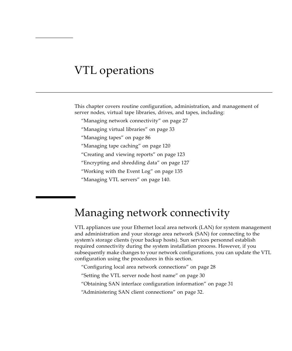 Vtl operations, Managing network connectivity | Sun Microsystems Virtual Tape Library User Manual | Page 41 / 292