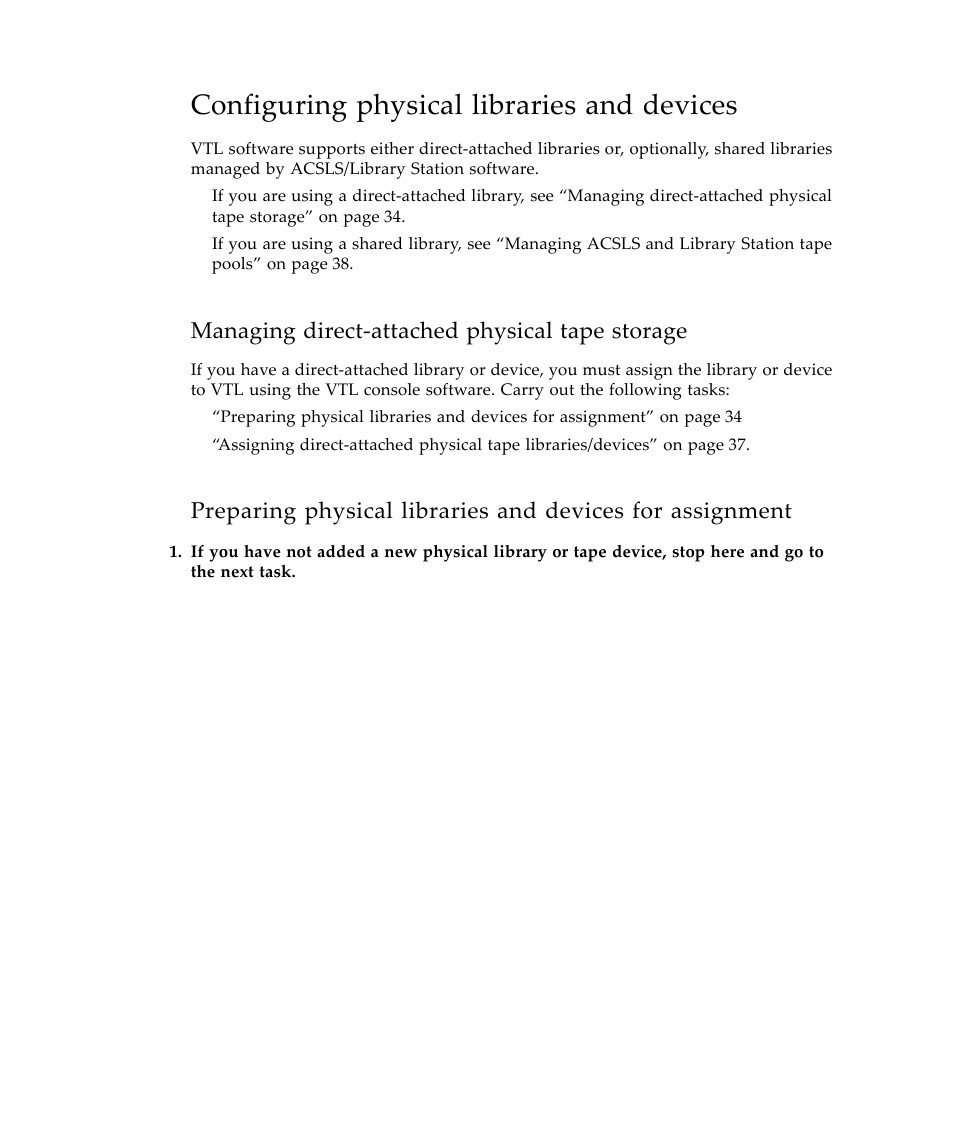 Configuring physical libraries and devices, Managing direct-attached physical tape storage, Managing direct‐attached physical tape storage | Sun Microsystems Virtual Tape Library User Manual | Page 48 / 292