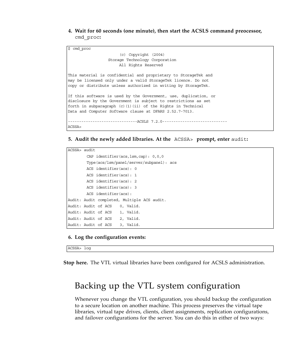 Backing up the vtl system configuration | Sun Microsystems Virtual Tape Library User Manual | Page 89 / 292