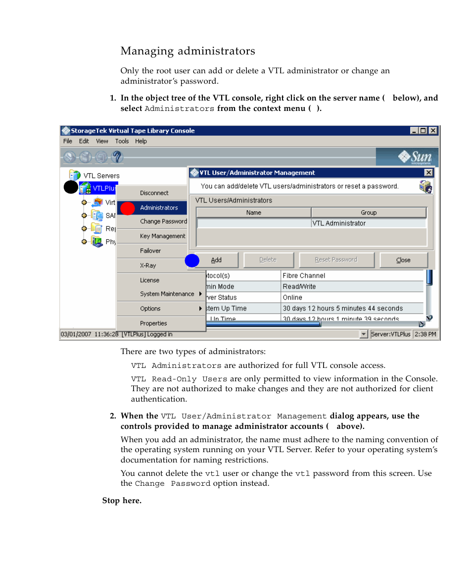 Managing administrators | Sun Microsystems Virtual Tape Library User Manual | Page 97 / 292