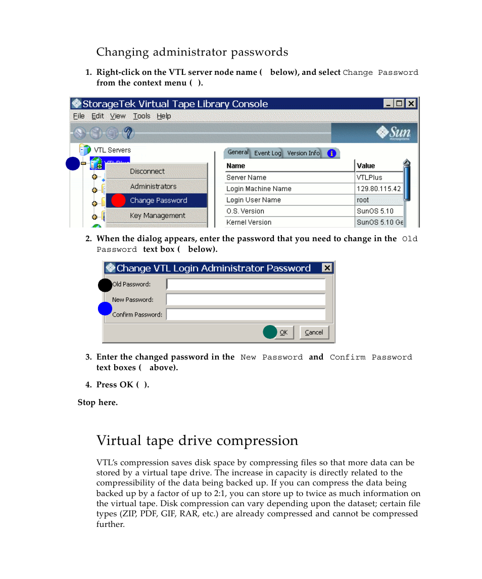 Changing administrator passwords, Virtual tape drive compression | Sun Microsystems Virtual Tape Library User Manual | Page 98 / 292