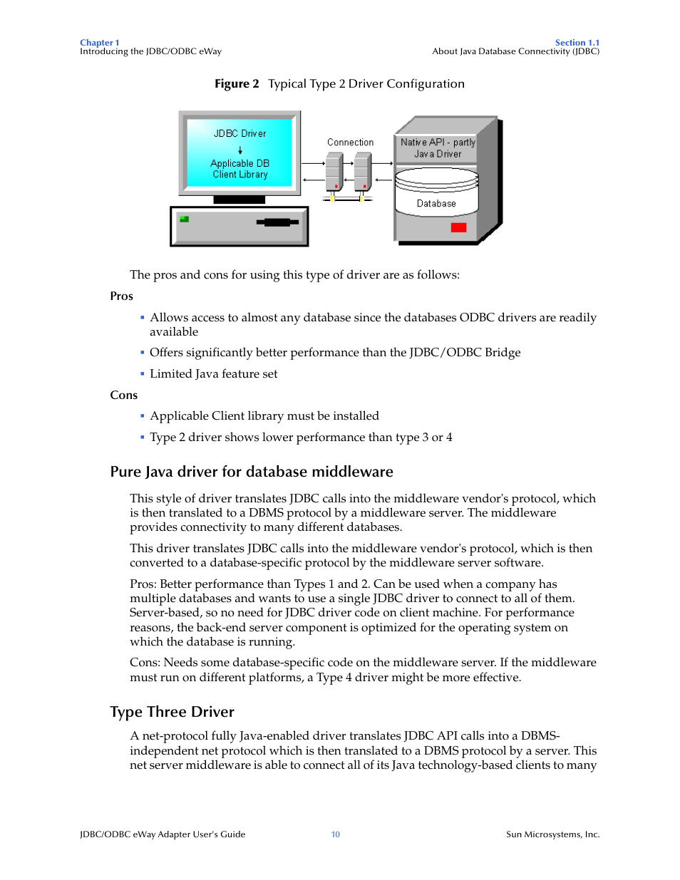 Pure java driver for database middleware, Type three driver | Sun Microsystems eWay JDBC/ODBC Adapter User Manual | Page 10 / 133