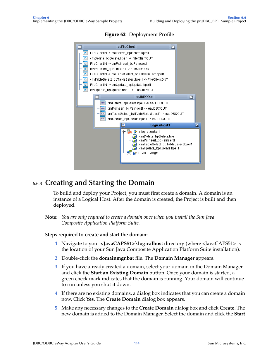 8 creating and starting the domain, Creating and starting the domain | Sun Microsystems eWay JDBC/ODBC Adapter User Manual | Page 114 / 133