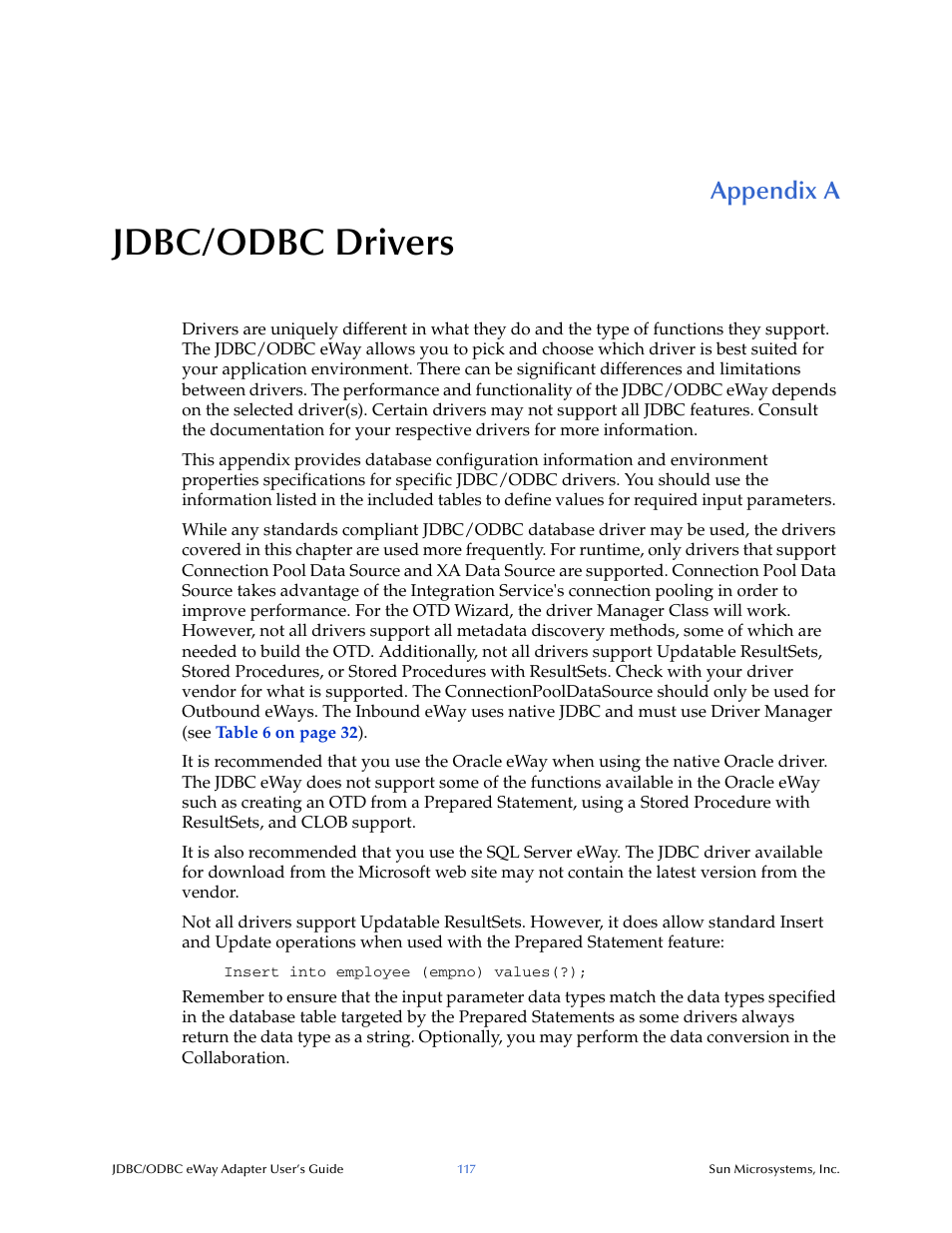 Jdbc/odbc drivers, Appendix a, Jdbc/odbc drivers” : pr | Sun Microsystems eWay JDBC/ODBC Adapter User Manual | Page 117 / 133