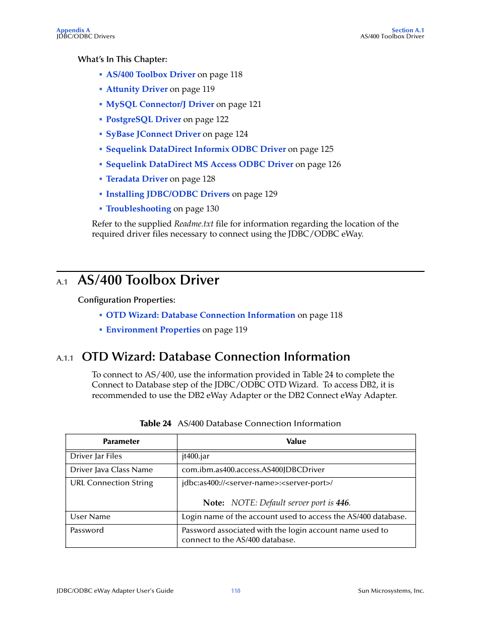 A.1 as/400 toolbox driver, A.1.1 otd wizard: database connection information, As/400 toolbox driver | Otd wizard: database connection information | Sun Microsystems eWay JDBC/ODBC Adapter User Manual | Page 118 / 133