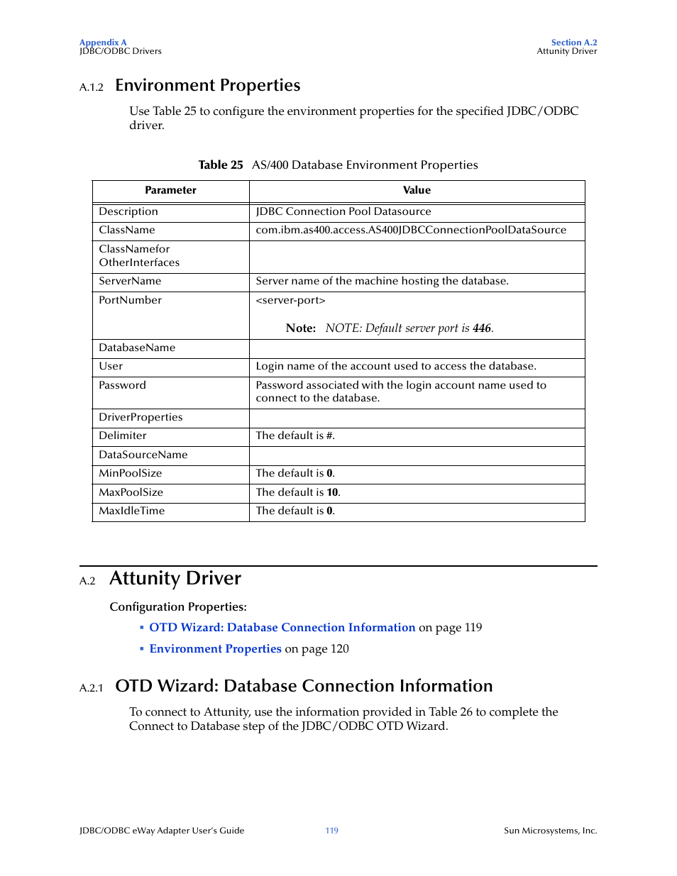 A.1.2 environment properties, A.2 attunity driver, A.2.1 otd wizard: database connection information | Attunity driver, Environment properties, Otd wizard: database connection information | Sun Microsystems eWay JDBC/ODBC Adapter User Manual | Page 119 / 133