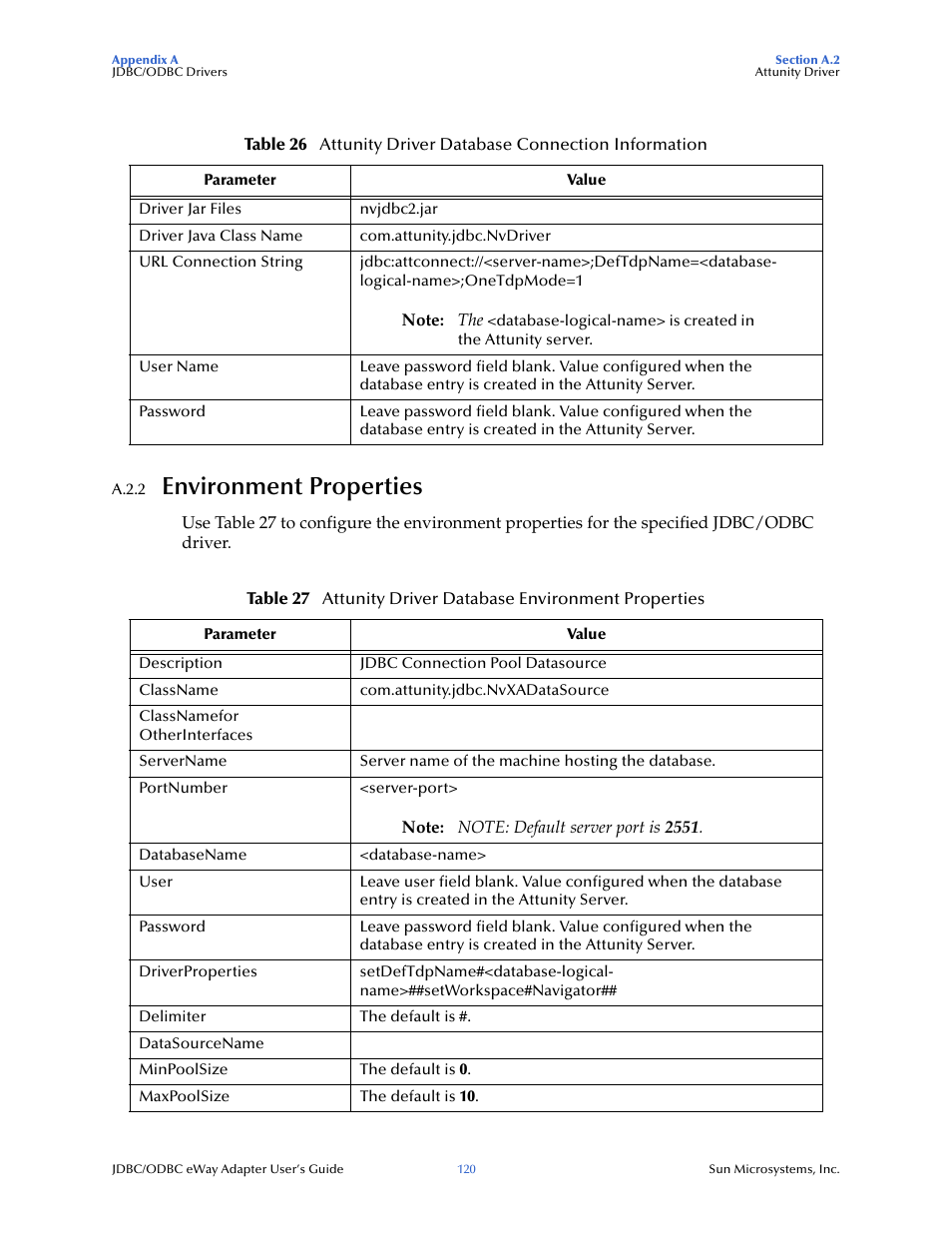 A.2.2 environment properties, Environment properties, In table 26 t | Sun Microsystems eWay JDBC/ODBC Adapter User Manual | Page 120 / 133