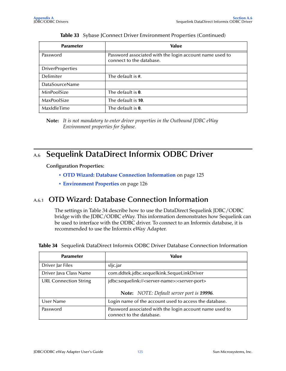 A.6 sequelink datadirect informix odbc driver, A.6.1 otd wizard: database connection information, Sequelink datadirect informix odbc driver | Otd wizard: database connection information | Sun Microsystems eWay JDBC/ODBC Adapter User Manual | Page 125 / 133