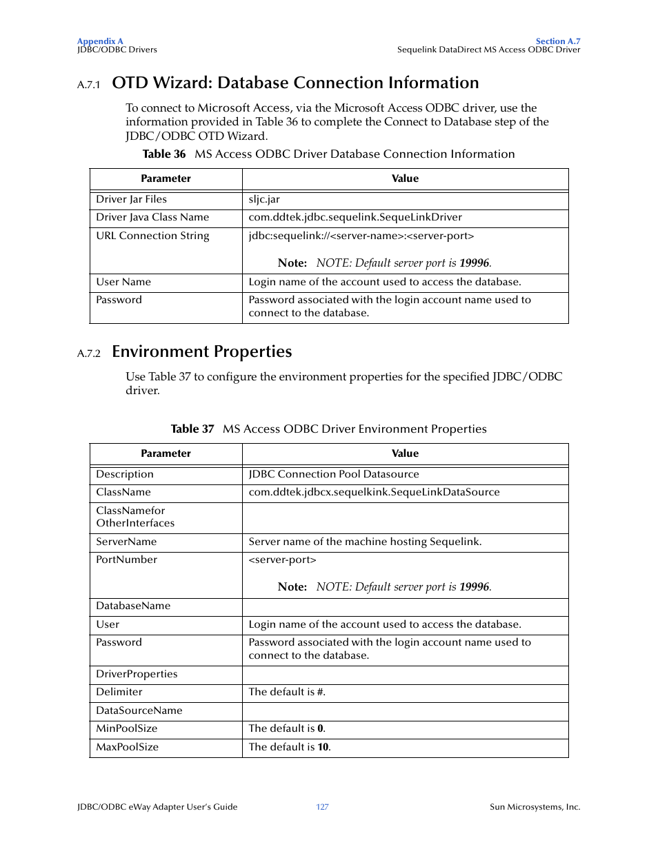 A.7.1 otd wizard: database connection information, A.7.2 environment properties, Otd wizard: database connection information | Environment properties | Sun Microsystems eWay JDBC/ODBC Adapter User Manual | Page 127 / 133