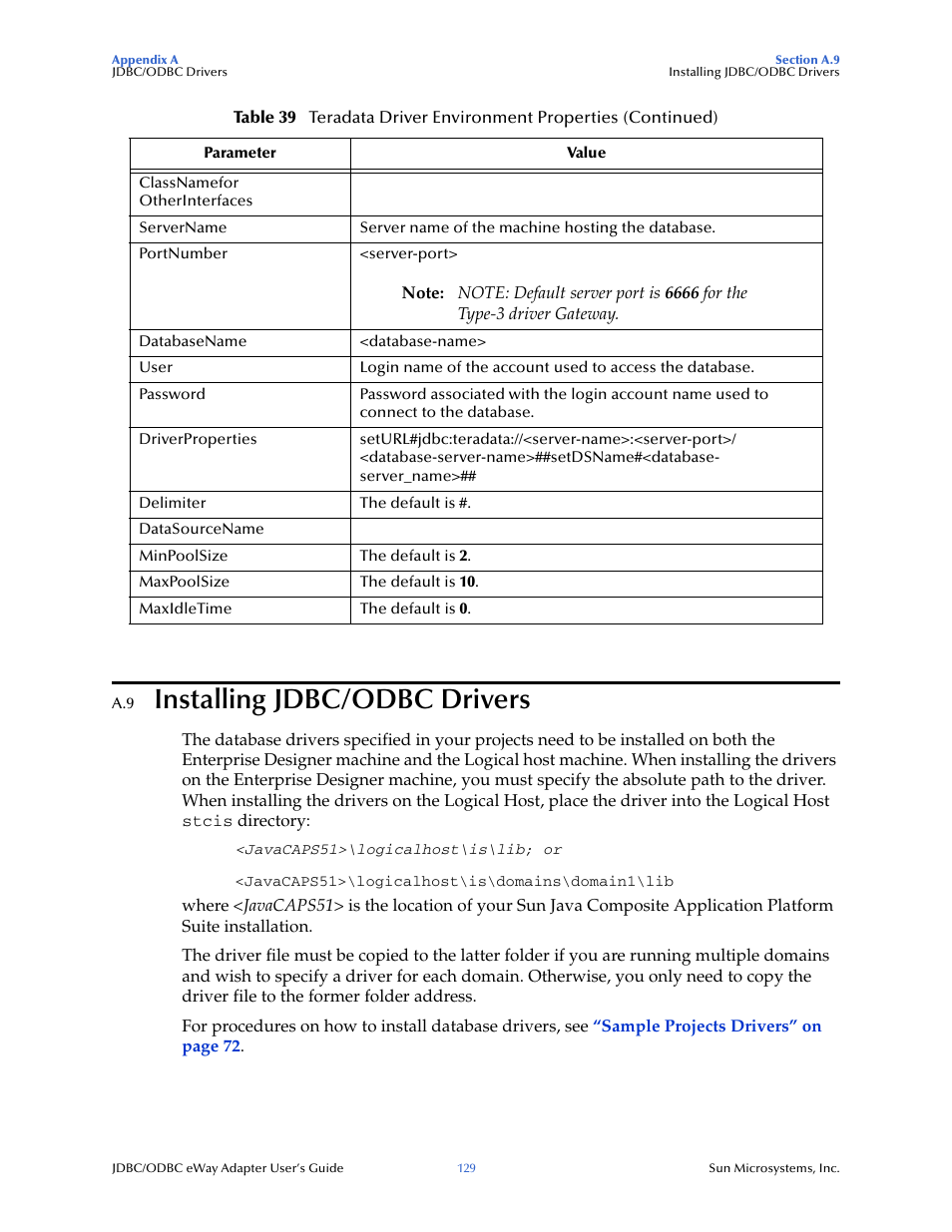 A.9 installing jdbc/odbc drivers, Installing jdbc/odbc drivers | Sun Microsystems eWay JDBC/ODBC Adapter User Manual | Page 129 / 133