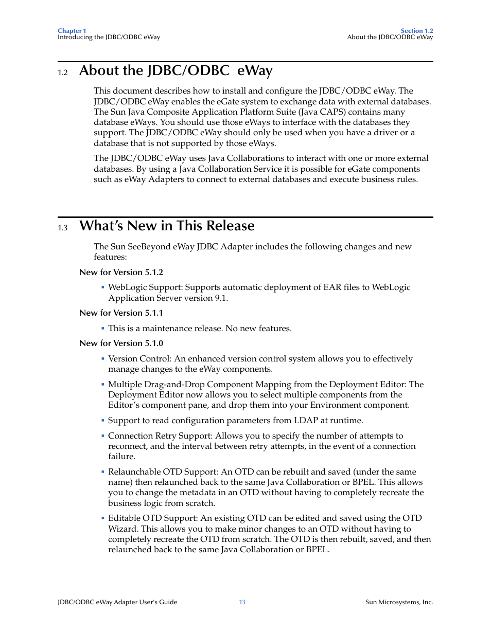 2 about the jdbc/odbc eway, 3 what’s new in this release, About the jdbc/odbc eway | What’s new in this release | Sun Microsystems eWay JDBC/ODBC Adapter User Manual | Page 13 / 133