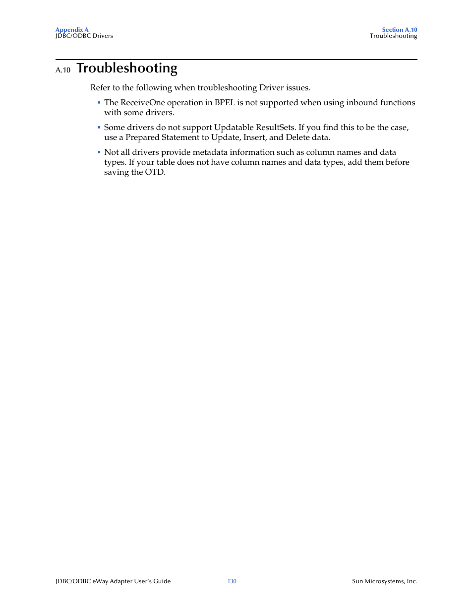 A.10 troubleshooting, Troubleshooting | Sun Microsystems eWay JDBC/ODBC Adapter User Manual | Page 130 / 133