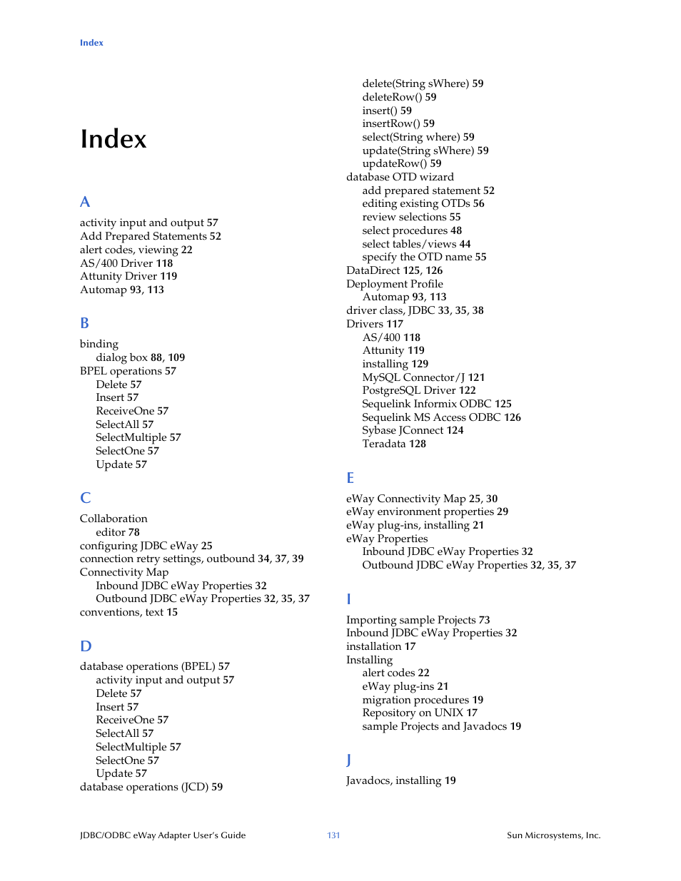 Index | Sun Microsystems eWay JDBC/ODBC Adapter User Manual | Page 131 / 133