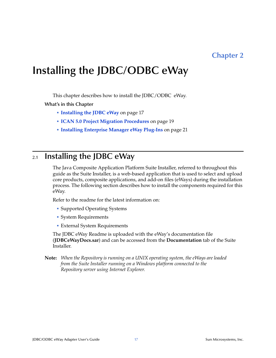 Installing the jdbc/odbc eway, 1 installing the jdbc eway, Chapter 2 | Installing the jdbc eway | Sun Microsystems eWay JDBC/ODBC Adapter User Manual | Page 17 / 133