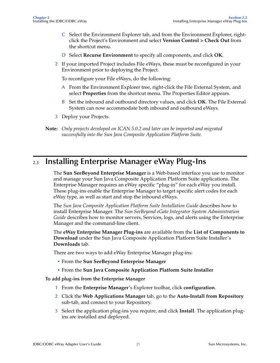 3 installing enterprise manager eway plug-ins, Installing enterprise manager eway plug-ins | Sun Microsystems eWay JDBC/ODBC Adapter User Manual | Page 21 / 133