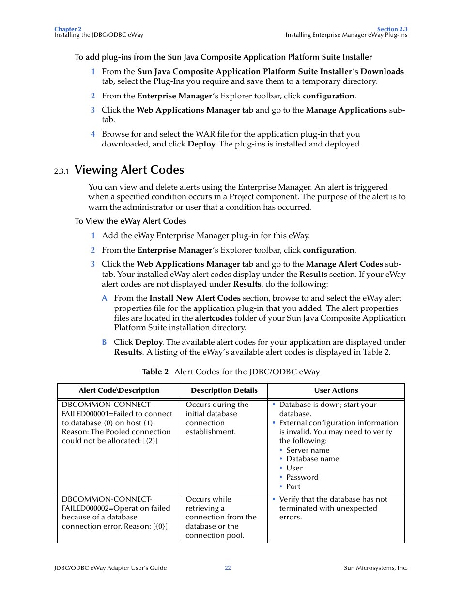 1 viewing alert codes, Viewing alert codes | Sun Microsystems eWay JDBC/ODBC Adapter User Manual | Page 22 / 133