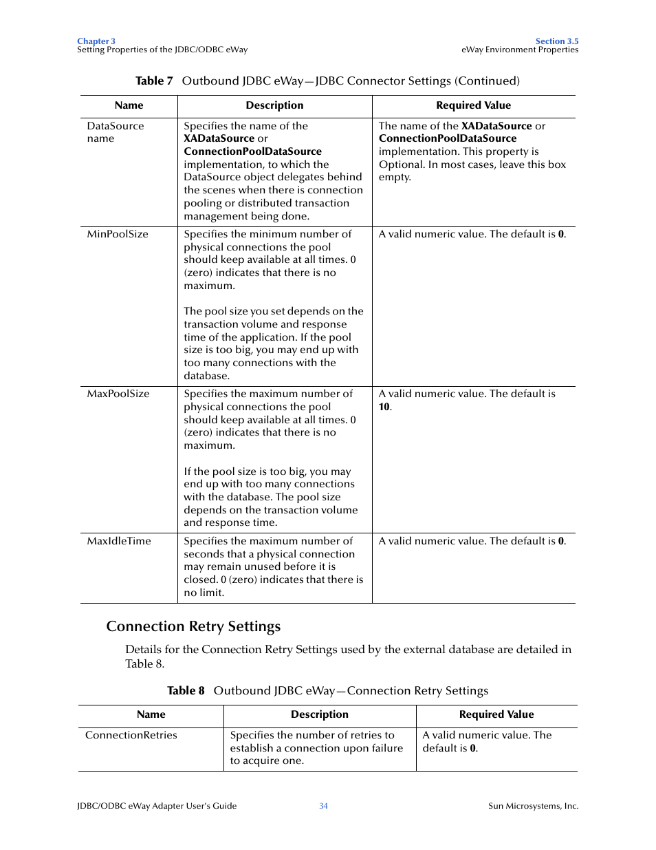 Connection retry settings | Sun Microsystems eWay JDBC/ODBC Adapter User Manual | Page 34 / 133