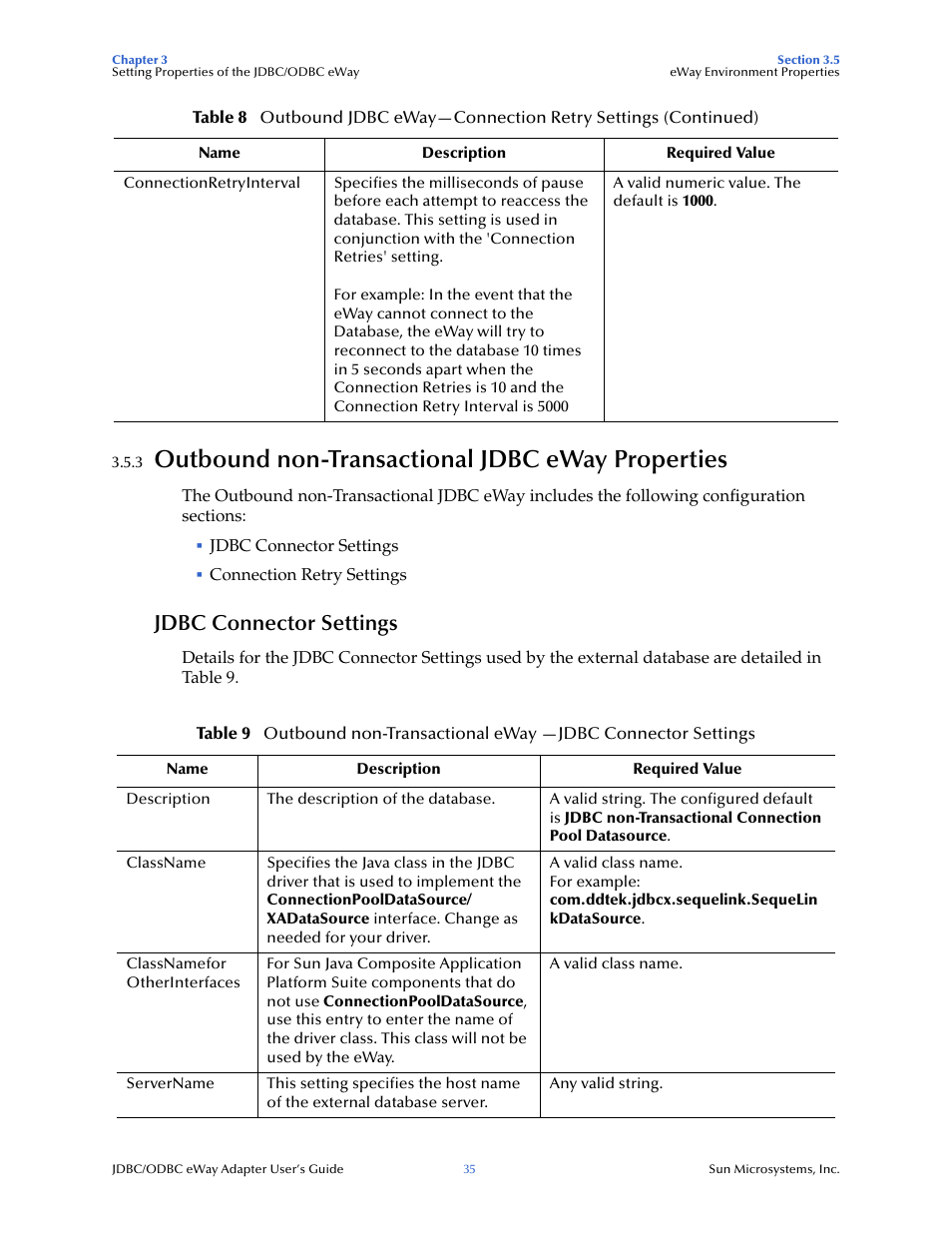 3 outbound non-transactional jdbc eway properties, Jdbc connector settings, Outbound non-transactional jdbc eway properties | Sun Microsystems eWay JDBC/ODBC Adapter User Manual | Page 35 / 133