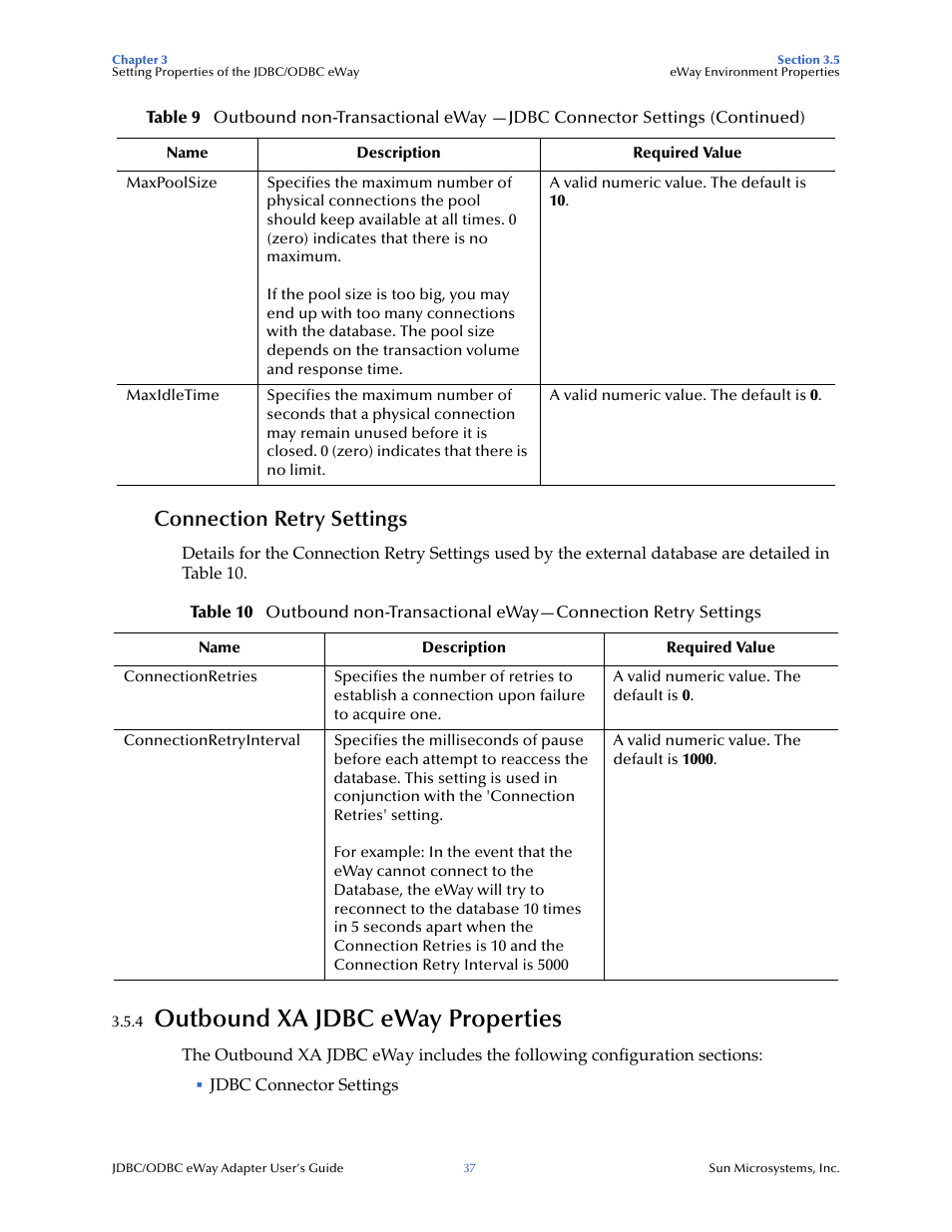 Connection retry settings, 4 outbound xa jdbc eway properties, Outbound xa jdbc eway properties | Sun Microsystems eWay JDBC/ODBC Adapter User Manual | Page 37 / 133