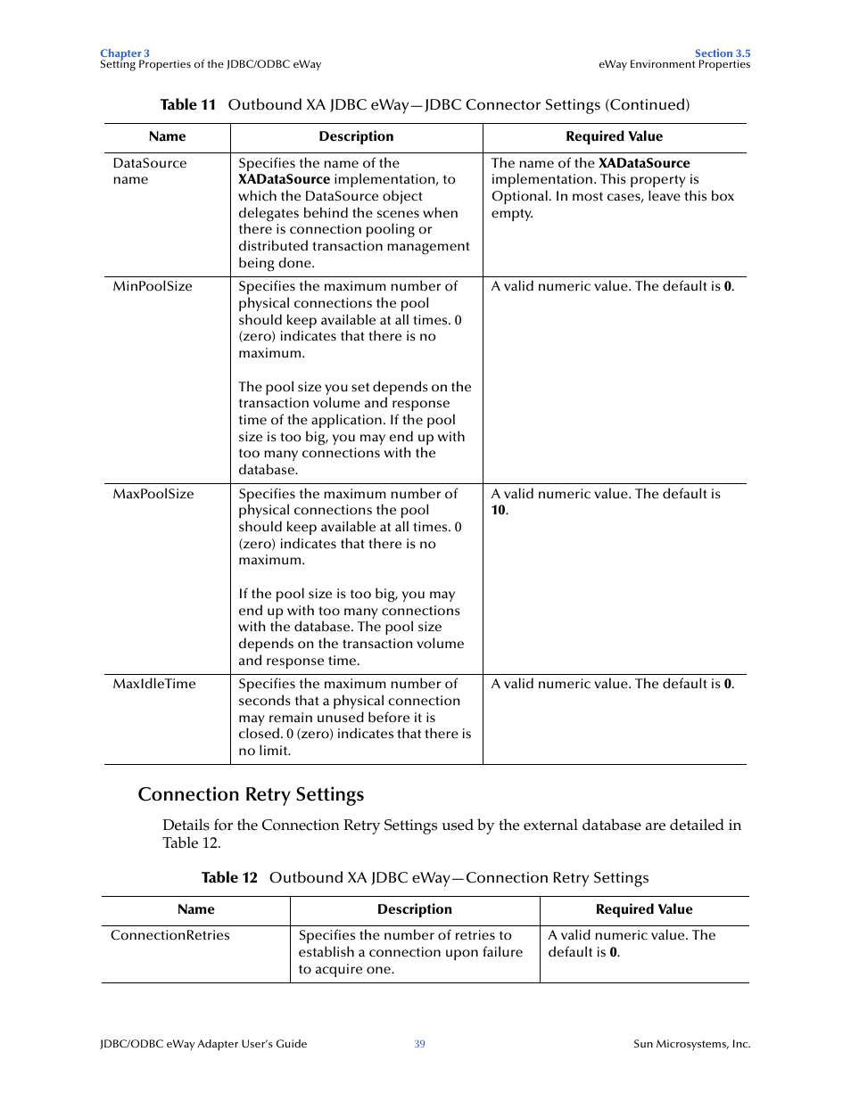 Connection retry settings | Sun Microsystems eWay JDBC/ODBC Adapter User Manual | Page 39 / 133