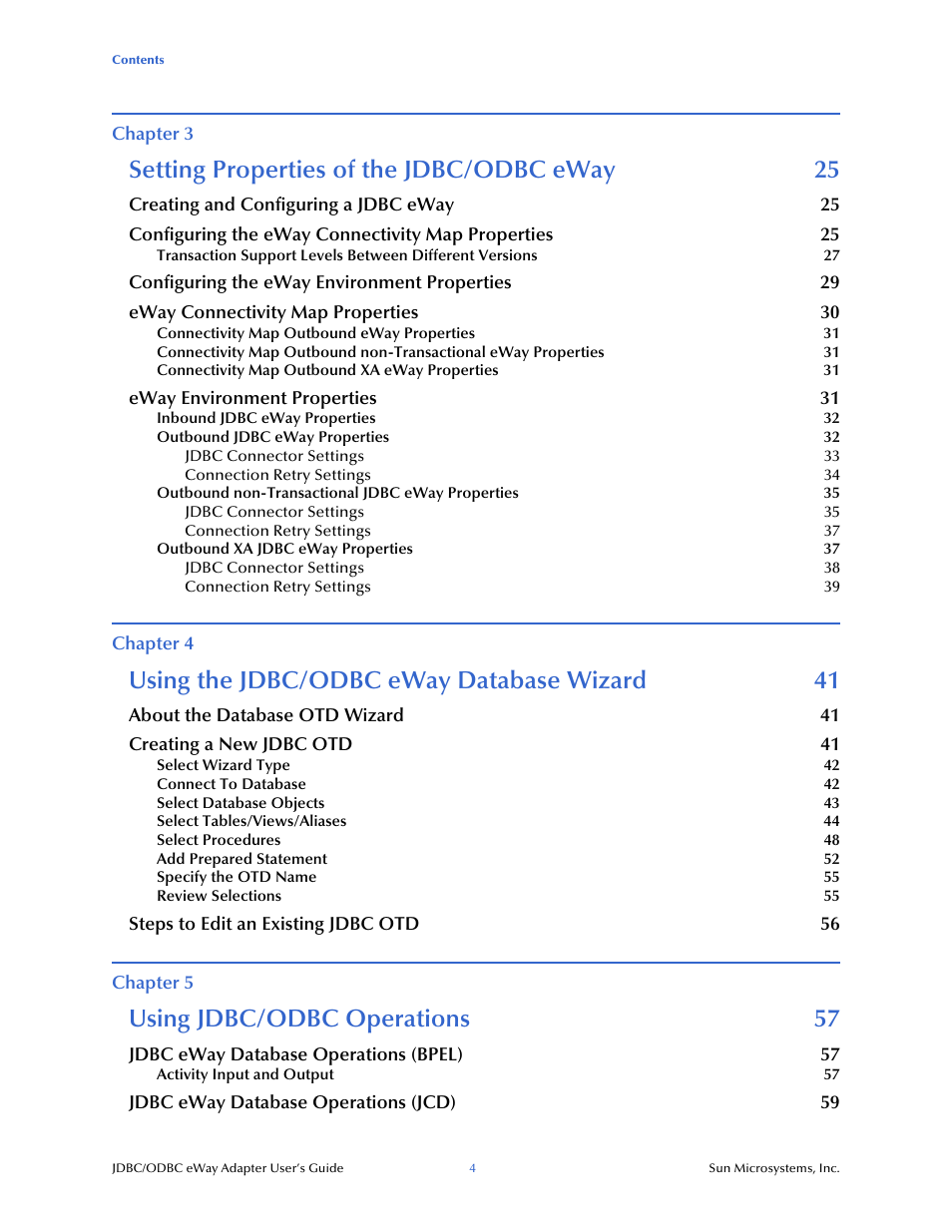 Setting properties of the jdbc/odbc eway 25, Using the jdbc/odbc eway database wizard 41, Using jdbc/odbc operations 57 | Sun Microsystems eWay JDBC/ODBC Adapter User Manual | Page 4 / 133