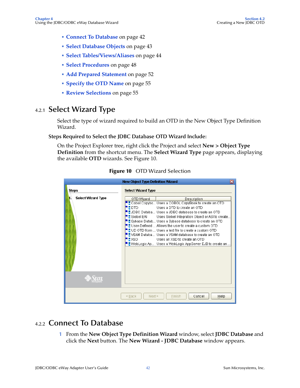 1 select wizard type, 2 connect to database, Select wizard type | Connect to database | Sun Microsystems eWay JDBC/ODBC Adapter User Manual | Page 42 / 133