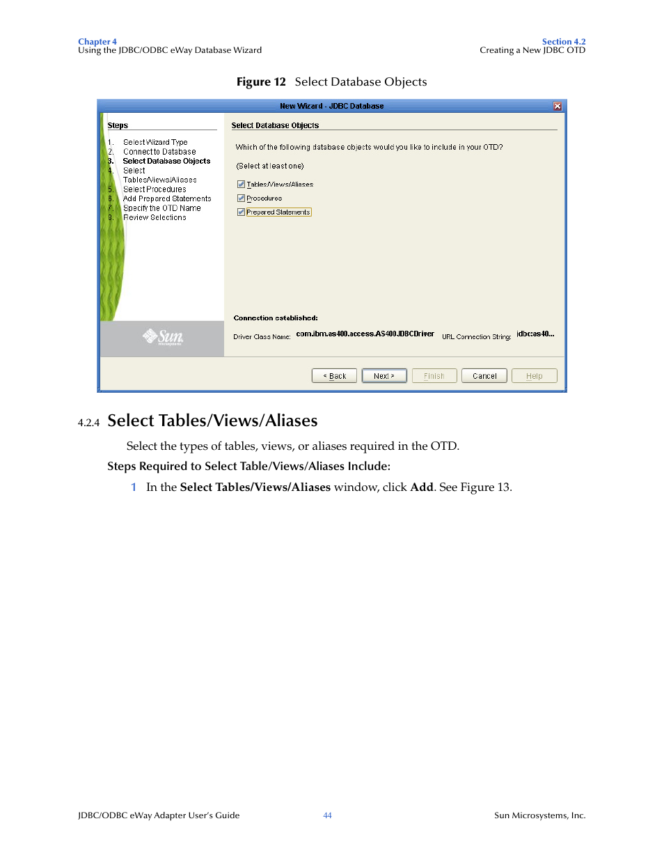 4 select tables/views/aliases, Select tables/views/aliases | Sun Microsystems eWay JDBC/ODBC Adapter User Manual | Page 44 / 133