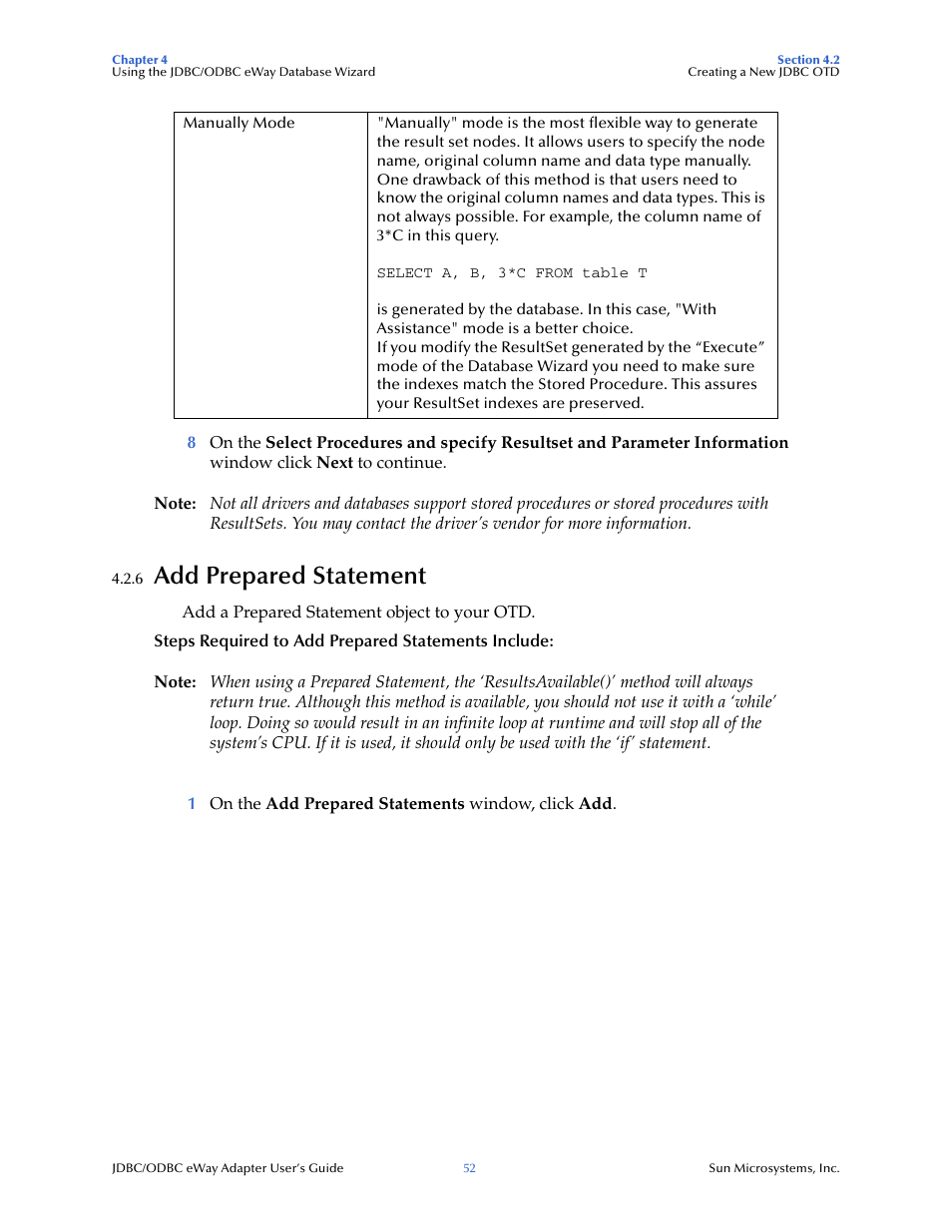 6 add prepared statement, Add prepared statement | Sun Microsystems eWay JDBC/ODBC Adapter User Manual | Page 52 / 133