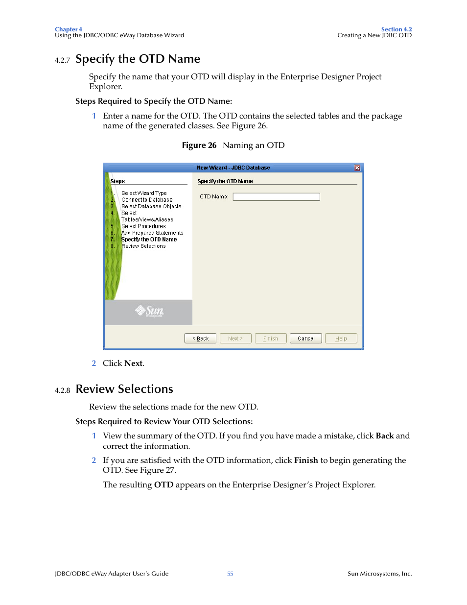 7 specify the otd name, 8 review selections, Specify the otd name | Review selections | Sun Microsystems eWay JDBC/ODBC Adapter User Manual | Page 55 / 133