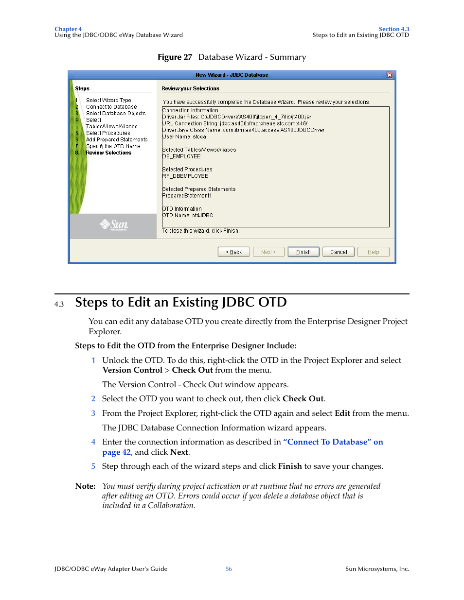 3 steps to edit an existing jdbc otd, Steps to edit an existing jdbc otd | Sun Microsystems eWay JDBC/ODBC Adapter User Manual | Page 56 / 133