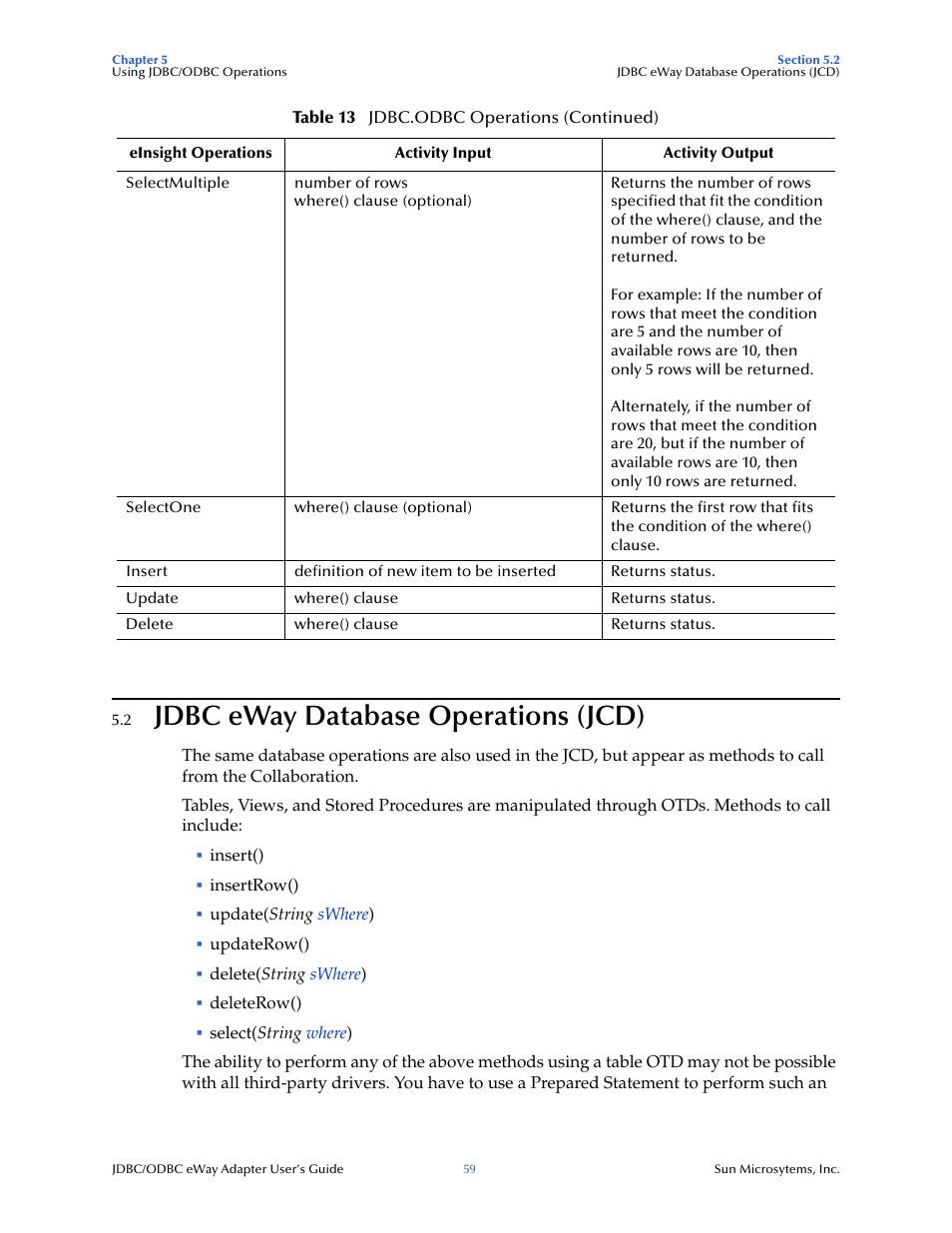 2 jdbc eway database operations (jcd), Jdbc eway database operations (jcd) | Sun Microsystems eWay JDBC/ODBC Adapter User Manual | Page 59 / 133