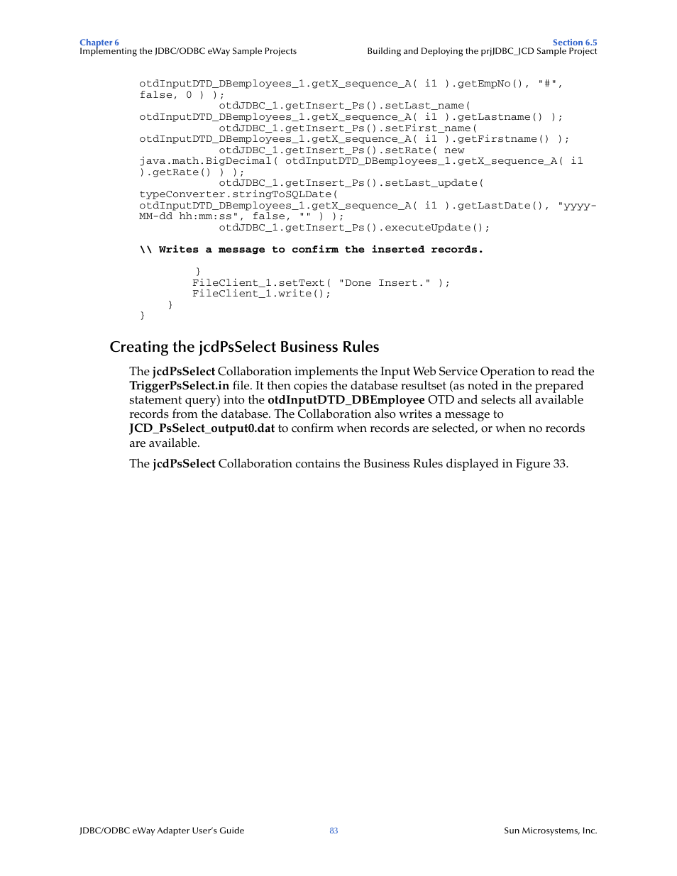 Creating the jcdpsselect business rules | Sun Microsystems eWay JDBC/ODBC Adapter User Manual | Page 83 / 133