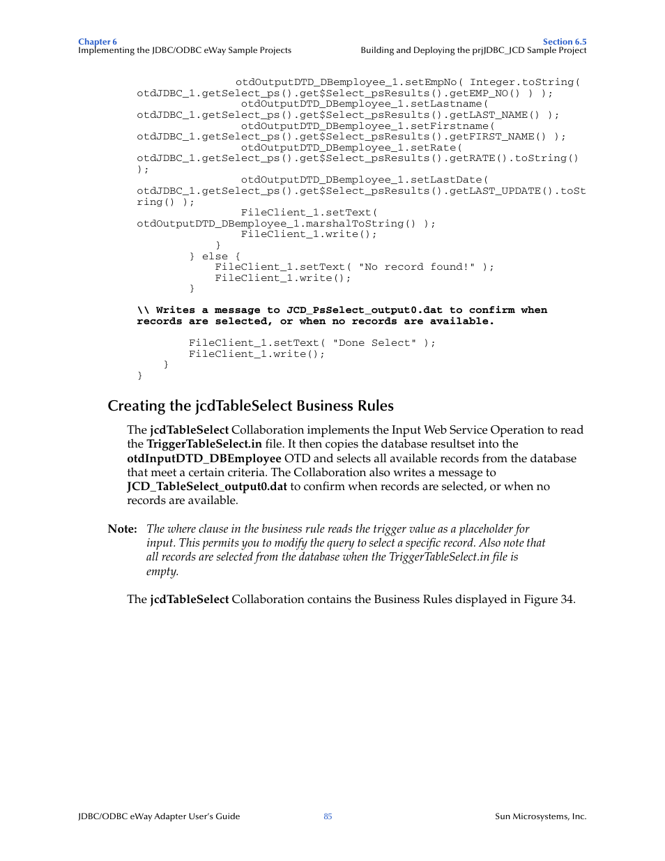 Creating the jcdtableselect business rules | Sun Microsystems eWay JDBC/ODBC Adapter User Manual | Page 85 / 133