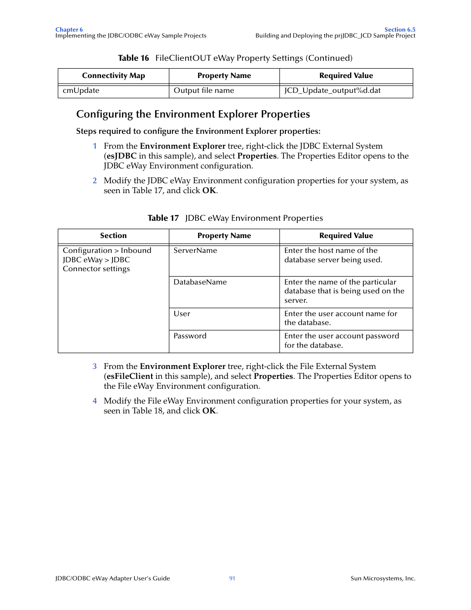 Configuring the environment explorer properties | Sun Microsystems eWay JDBC/ODBC Adapter User Manual | Page 91 / 133