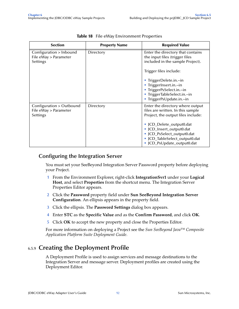 Configuring the integration server, 9 creating the deployment profile, Creating the deployment profile | Sun Microsystems eWay JDBC/ODBC Adapter User Manual | Page 92 / 133