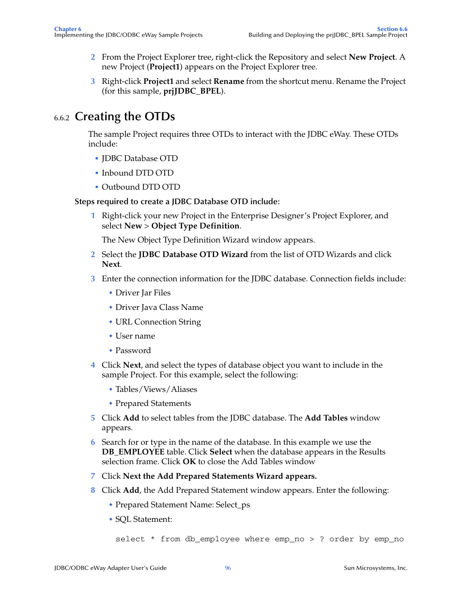 2 creating the otds, Creating the otds | Sun Microsystems eWay JDBC/ODBC Adapter User Manual | Page 96 / 133