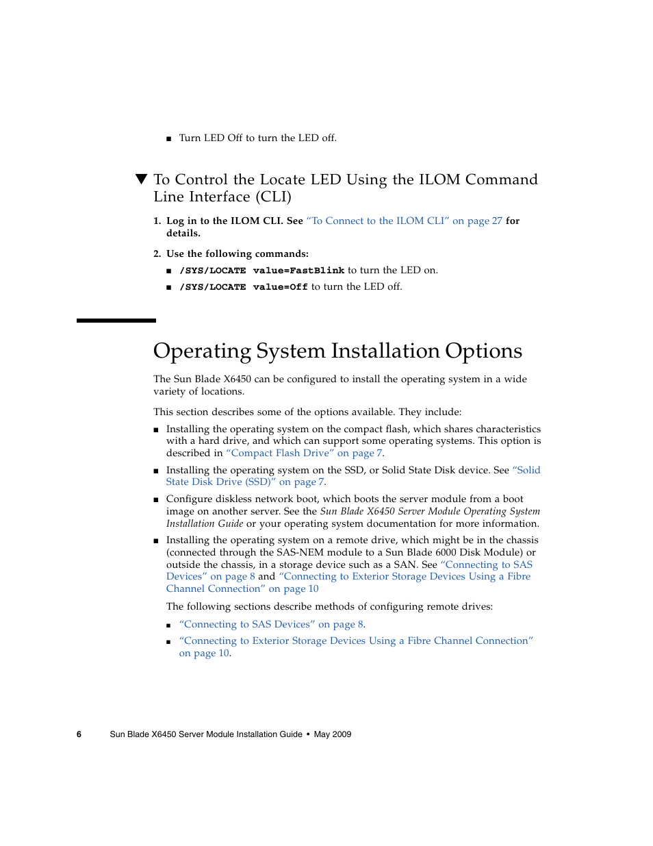 Operating system installation options, Cli), About diskless servers | About diskless servers” on | Sun Microsystems X6450 User Manual | Page 16 / 50