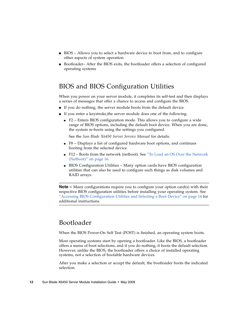 Bios and bios configuration utilities, Bootloader | Sun Microsystems X6450 User Manual | Page 22 / 50