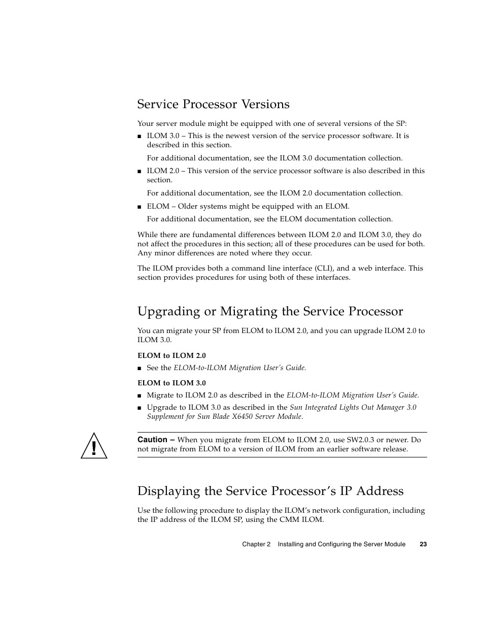 Service processor versions, Upgrading or migrating the service processor, Displaying the service processor’s ip address | Sun Microsystems X6450 User Manual | Page 33 / 50