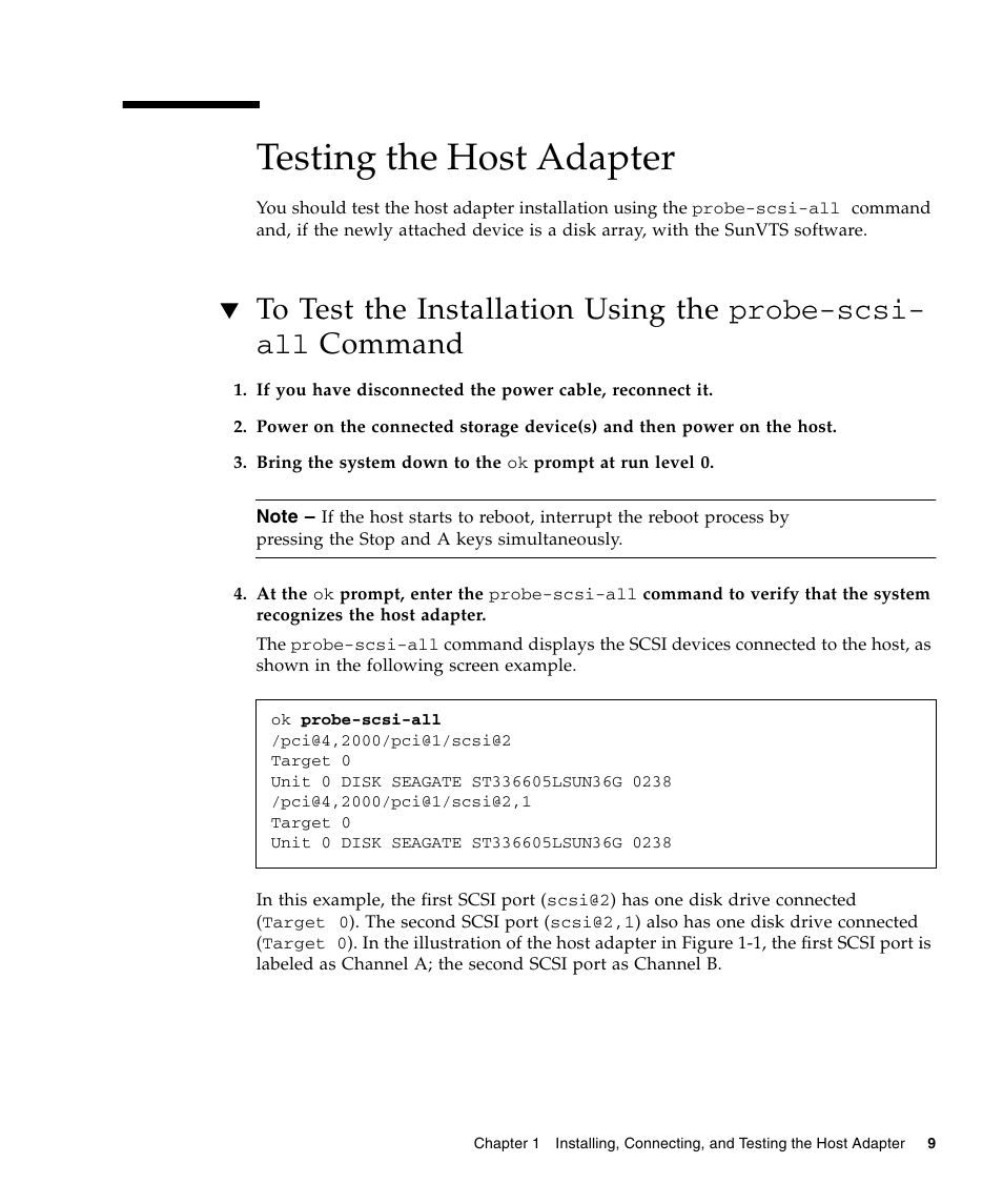 Testing the host adapter, To test the installation using the probe-scsi-all | Sun Microsystems LSI22320-SR User Manual | Page 19 / 48