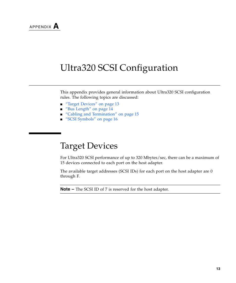 Ultra320 scsi configuration, Target devices, Appendix a | Sun Microsystems LSI22320-SR User Manual | Page 23 / 48