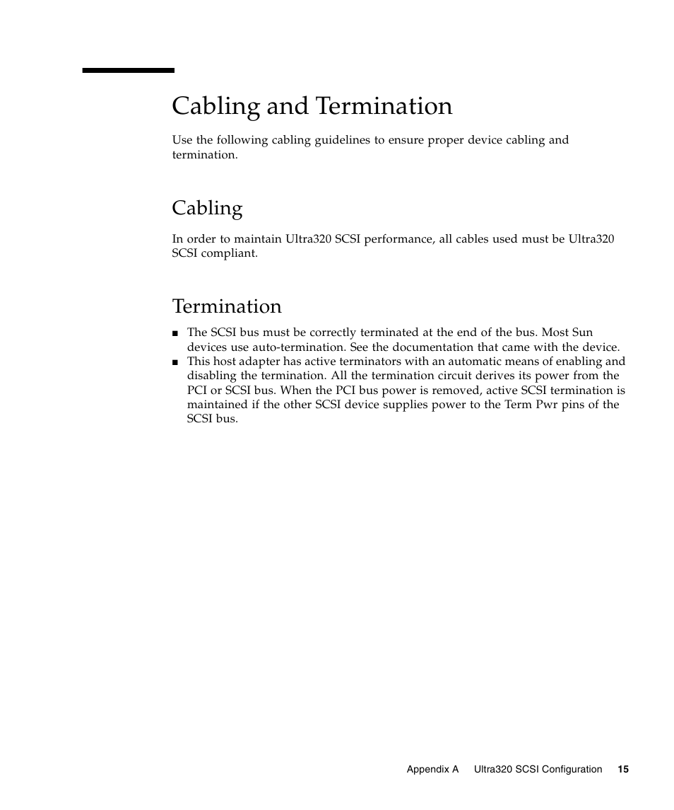 Cabling and termination, Cabling, Termination | Sun Microsystems LSI22320-SR User Manual | Page 25 / 48