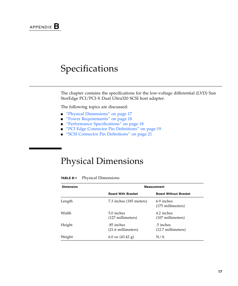 Specifications, Physical dimensions, Appendix b | Sun Microsystems LSI22320-SR User Manual | Page 27 / 48