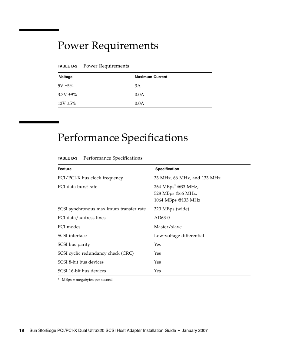 Power requirements, Performance specifications, Power requirements performance specifications | Sun Microsystems LSI22320-SR User Manual | Page 28 / 48