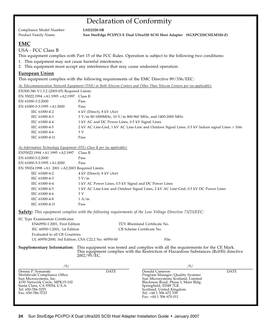 Declaration of conformity | Sun Microsystems LSI22320-SR User Manual | Page 34 / 48