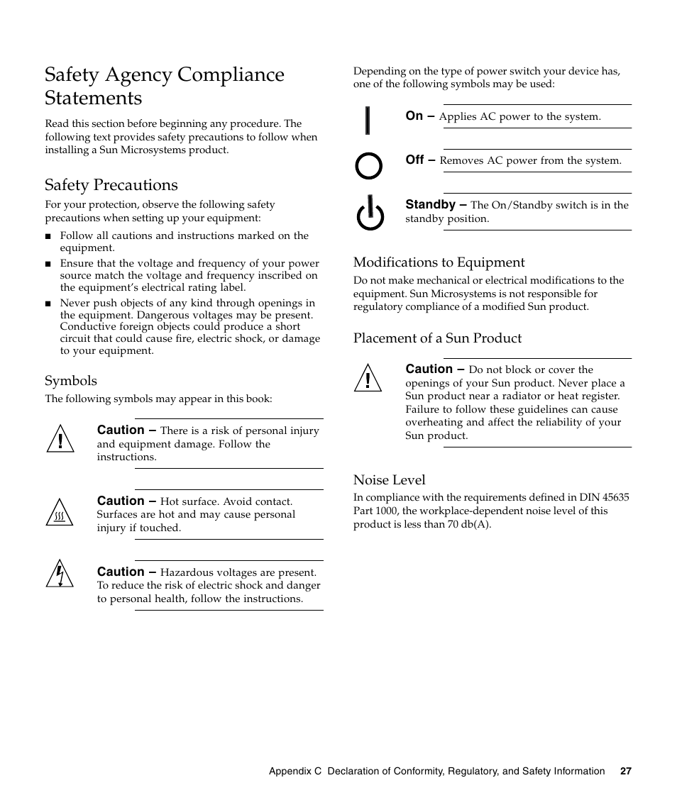 Safety agency compliance statements, Safety precautions | Sun Microsystems LSI22320-SR User Manual | Page 37 / 48