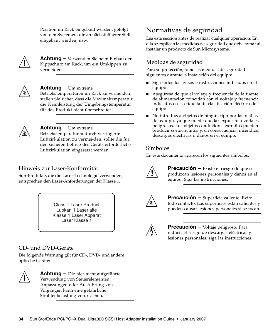 Normativas de seguridad, Hinweis zur laser-konformität, Cd- und dvd-geräte | Medidas de seguridad, Símbolos | Sun Microsystems LSI22320-SR User Manual | Page 44 / 48